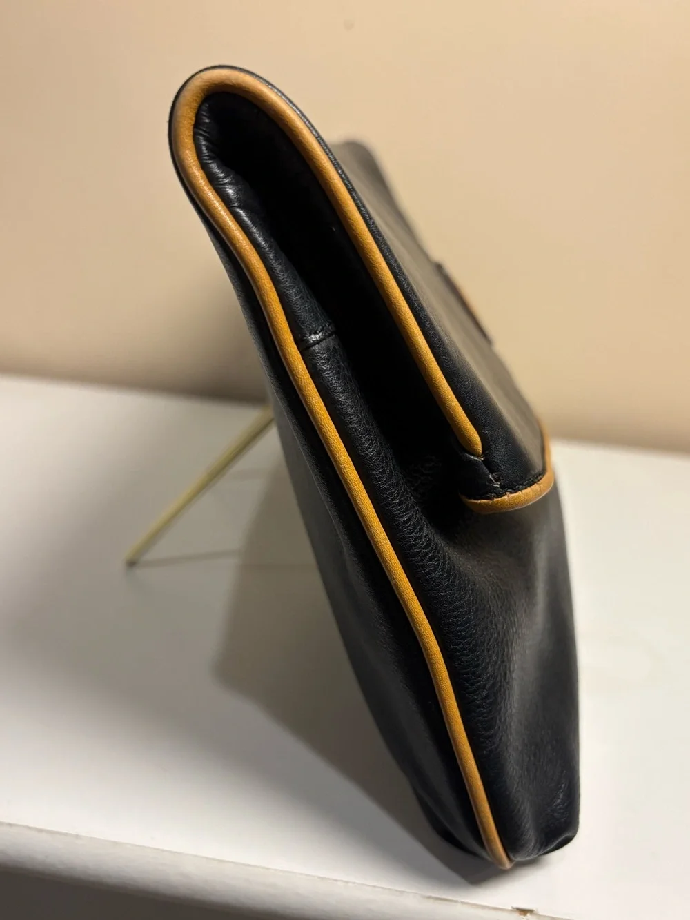 Vintage Celine Black Leather Envelope Clutch Tan Trim Authenticated Madein Italy